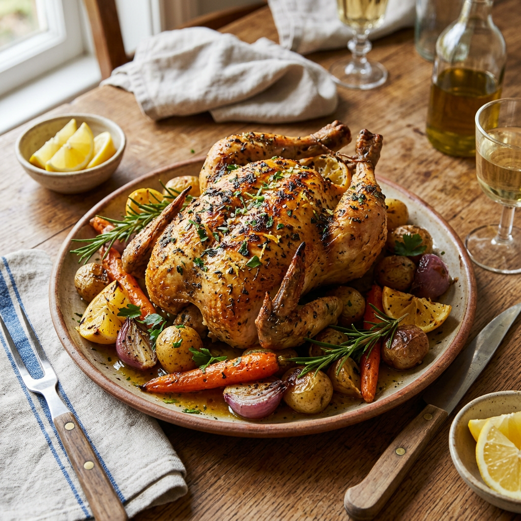 Herb-roasted chicken with carrots, potatoes, onions, rosemary, and lemon